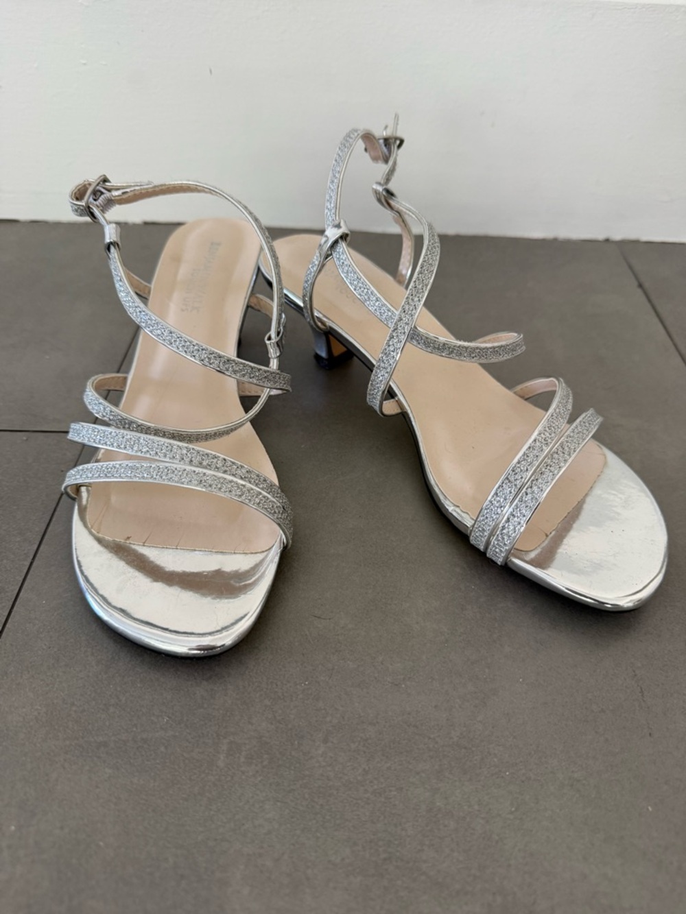 Silver Strappy Low Heel Sandals - Women's